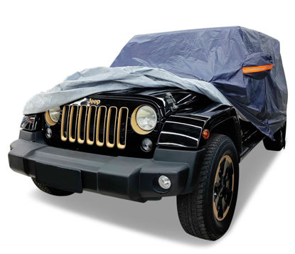 Picture of Jeep Wrangler Cover Waterproof 4 Door, All Weather for Automobiles, Outdoor Full Exterior Cover Rain Sun UV Snowproof Protection with Zipper Cotton, Mirror Pocket for Jeep Covers Fits JK JL TJ YJ CJ