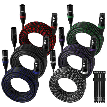 Picture of XLR Microphone Cable 10 Feet (6 Pack, Multi Colored), 3 Pin Shielded Balanced Male to Female Mic Patch Cord, Nylon Braided, Zinc Alloy Shells, OFC, for Amplifier, Speaker, Mixer with 10 Cable Ties