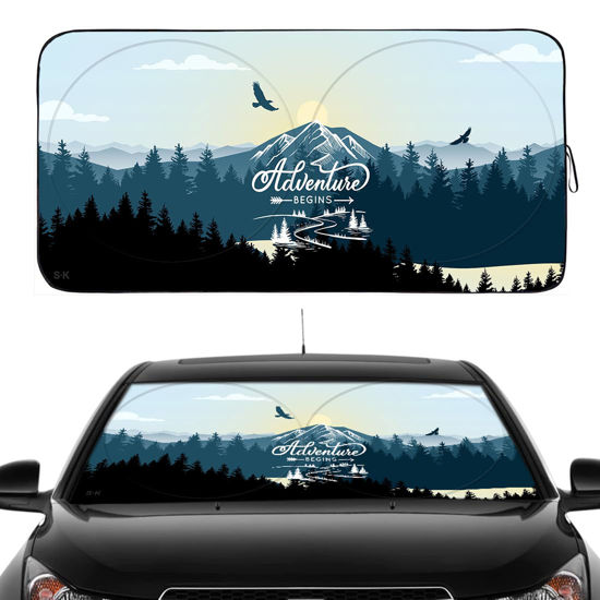 Picture of Gven Windshield Sun Shade, Car Front Window Shades Cute Sunshade Windshield Cover Sun Visor Shield Block Automotive Interior Protector Blocks UV Rays for Car Pickup Truck SUV (Forest, L)