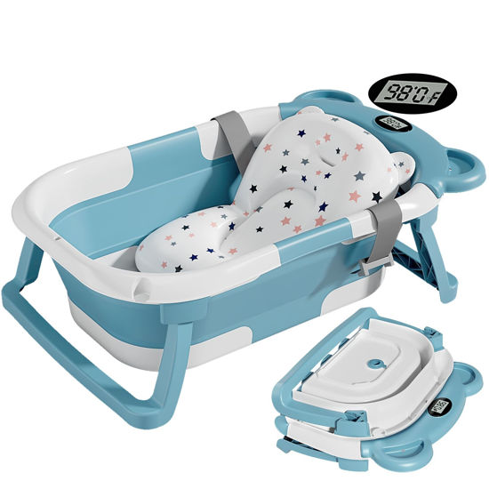 Picture of TPN Collapsible Baby Bathtub for Infants to Toddler with Real-time Temp Monitor+Floating Cushion,Foldable Baby Bath Tub Set Applicable 0-36 Month,Perfect Portable Travel Baby Tub for Newborns Boy