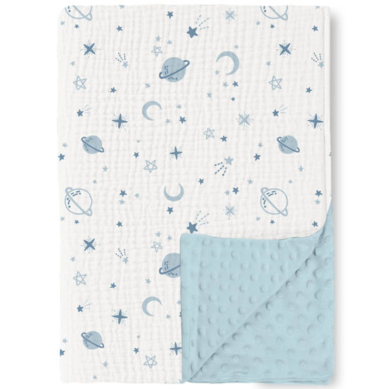 Picture of Konssy Baby Blankets for Unisex Boys Girls, Super Soft Nursery Minky Blankets with Muslin Cotton Front and Dotted Fleece Backing, Printed Bed Throws Newborn