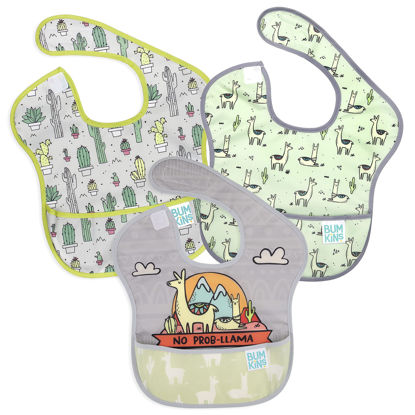 Picture of Bumkins Bibs for Girl or Boy, SuperBib Baby and Toddler for 6-24 Months, Essential Must Have for Eating, Feeding, Baby Led Weaning Supplies, Mess Saving Catch Food, 3-pk No Prob-Llama, Cactus, Llamas