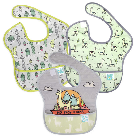 Picture of Bumkins Bibs for Girl or Boy, SuperBib Baby and Toddler for 6-24 Months, Essential Must Have for Eating, Feeding, Baby Led Weaning Supplies, Mess Saving Catch Food, 3-pk No Prob-Llama, Cactus, Llamas