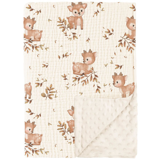 Picture of Konssy Baby Blankets for Unisex Boys Girls, Super Soft Nursery Minky Blankets with Muslin Cotton Front and Dotted Fleece Backing, Printed Bed Throws Newborn
