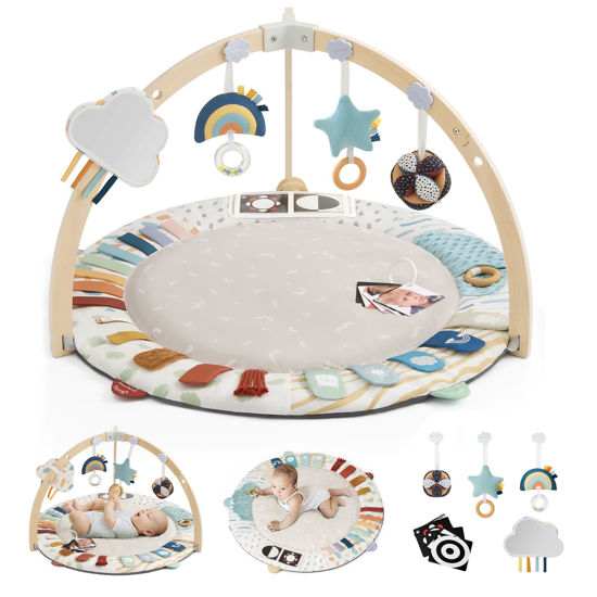 Picture of Blissful Diary Baby Play Gym & Activity Mat, 5 Developmental Zones Wooden Tummy Time Mat with 6 Detachable Sensory Toys for Motor Skills & Sensory Development, Baby Essentials Shower Gift