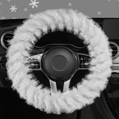 Picture of HighnessHwoo Fuzzy Winter Steering Wheel Cover for Women, Warm Cute Fluffy Car Wheel Cover for Sedan, SUV, Soft Furry Girly Auto Accessories, Plush Car Handle Cover for Cold Weather, 14-15in, White