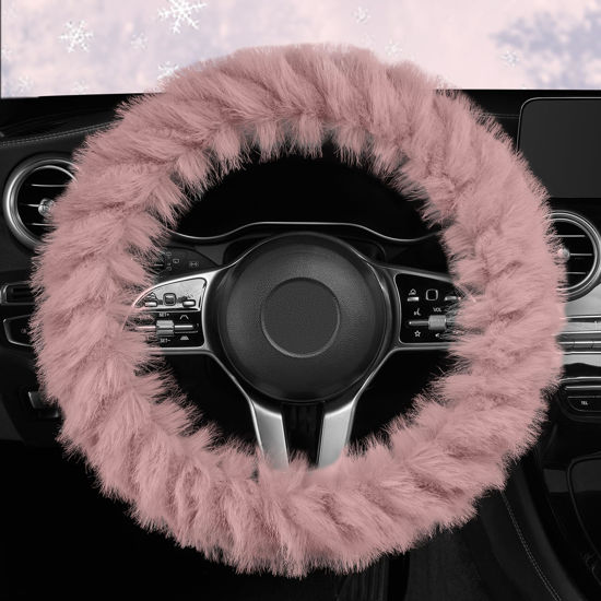 Picture of HighnessHwoo Fuzzy Winter Steering Wheel Cover for Women, Warm Cute Fluffy Car Wheel Cover for Sedan, SUV, Soft Furry Girly Auto Accessories, Plush Car Handle Cover for Cold Weather, 14-15in, Pink