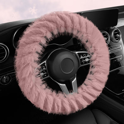 Picture of HighnessHwoo Fuzzy Winter Steering Wheel Covers for Women, Warm Cute Fluffy Car Wheel Cover for F150, Trucks, Jeep, Van, Soft Furry Auto Plush Large Car Handle Cover for Cold Weather, 15-16in, Pink