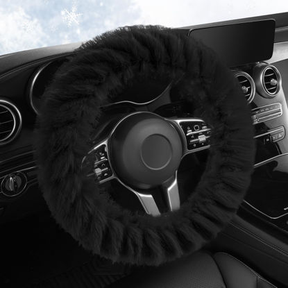 Picture of HighnessHwoo Fuzzy Winter Steering Wheel Covers for Women, Warm Cute Fluffy Car Wheel Cover for F150, Trucks, Jeep, Van, Soft Furry Auto Plush Large Car Handle Cover for Cold Weather, 15-16in, Black