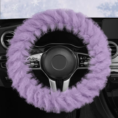 Picture of HighnessHwoo Fuzzy Winter Steering Wheel Cover for Women, Warm Cute Fluffy Car Wheel Cover for Sedan, SUV, Soft Furry Girly Auto Accessories, Plush Car Handle Cover for Cold Weather, 14-15in, Purple