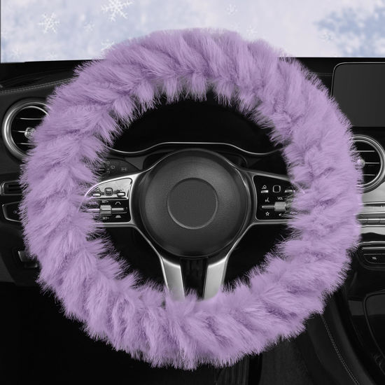 Picture of HighnessHwoo Fuzzy Winter Steering Wheel Cover for Women, Warm Cute Fluffy Car Wheel Cover for Sedan, SUV, Soft Furry Girly Auto Accessories, Plush Car Handle Cover for Cold Weather, 14-15in, Purple