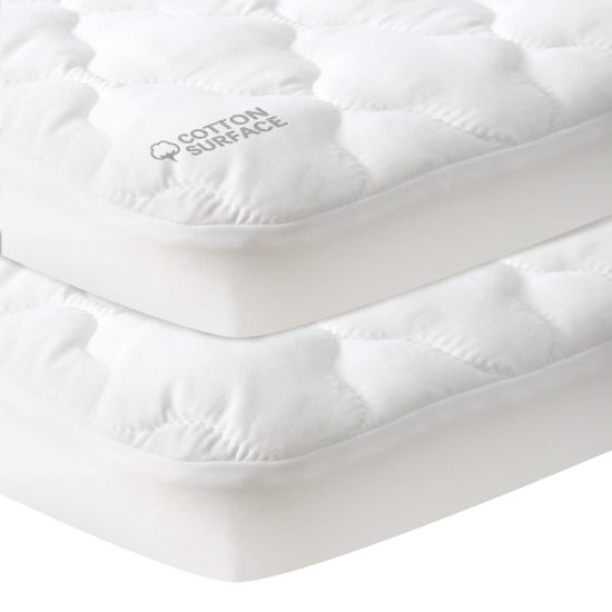 Picture of Waterproof Pack and Play Mattress Pad Sheets Fitted 2 Pack, Cotton Fabric Pack and Play Protector, Fits Graco Play Yard, Baby Mini Crib Sheet Cover