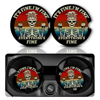 Picture of Car Coasters for Cup Holders，Car Cup Holder Coasters, 2 Pack Cup Holder Coasters for Car, Anti Slip Rubber Car Cup Mat with A Finger Notch,Funny Car Interior Accessories for Women 2.75" Skeleton Skull