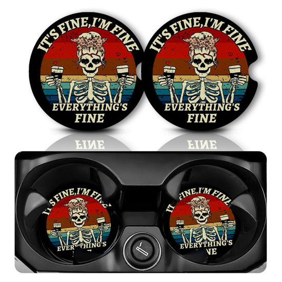 Picture of Car Coasters for Cup Holders，Car Cup Holder Coasters, 2 Pack Cup Holder Coasters for Car, Anti Slip Rubber Car Cup Mat with A Finger Notch,Funny Car Interior Accessories for Women 2.75" Skeleton Skull