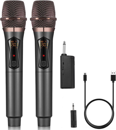 Picture of ALPOWL Wireless Microphones, Metal Dynamic Microphone System with Rechargeable Receiver, 50H Duration, 200ft Range, Microphone for Karaoke Singing, Wedding, DJ, Party, Speech, Church, Class