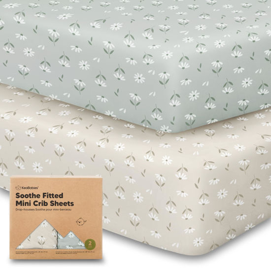 Picture of 2-Pack Mini Crib Sheets Fitted, Pack and Play Sheets - Organic Cotton Pack N Play Sheets for Pack and Play Mattress, Playard Baby Crib Sheets, Jersey Crib Sheets Neutral for Boys, Girls (Daisies)