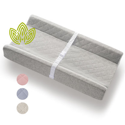 Picture of Organic Cotton Contoured Baby Changing Pad w/Waterproof Foam Mattress, Includes Soft, Removable & Washable Cover, Safety Strap, Non-Slip Bottom, Topper for Standard Size Infant Diaper Table & Dresser