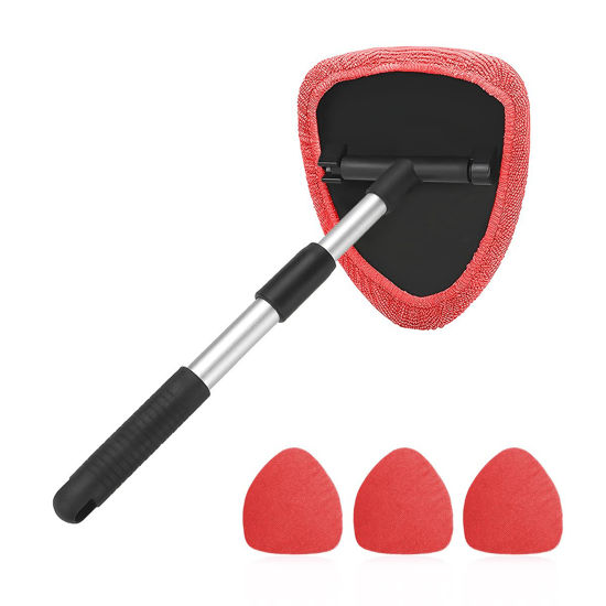 Picture of Windshield Cleaning Tool, Car Window Cleaner with Extendable Long Handle and 4 Washable Reusable Microfiber Pads, Auto Interior Exterior Glass Wiper Cleaning Kit Universal for Office and Home (Red)
