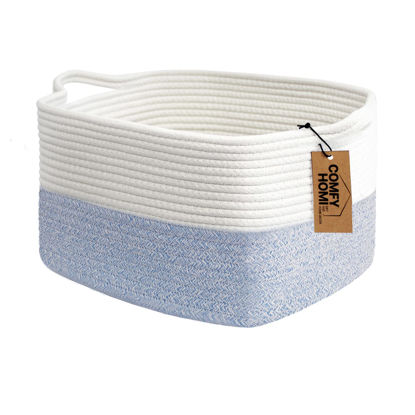 Picture of COMFY-HOMI Cotton Rope Woven Basket with Handles for shelf，Toy, Book, Cloth Storage Basket for Organizing-13.5"X11"X9.5" Storage Bin for Living Room, Newborn or Infant Gift for boy girl （White/blue）