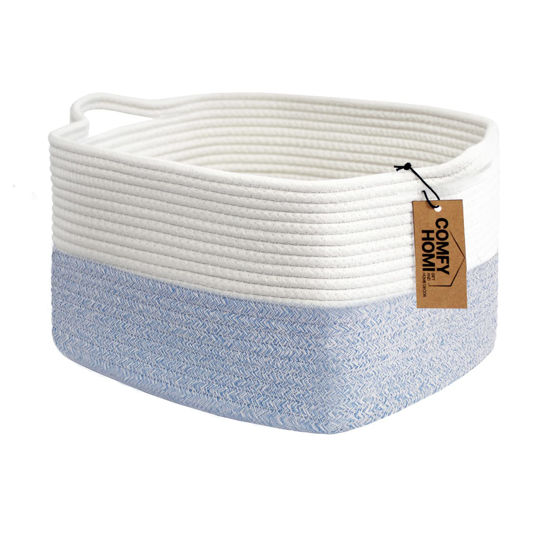Picture of COMFY-HOMI Cotton Rope Woven Basket with Handles for shelf，Toy, Book, Cloth Storage Basket for Organizing-13.5"X11"X9.5" Storage Bin for Living Room, Newborn or Infant Gift for boy girl （White/blue）