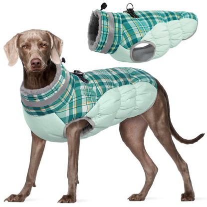 Picture of FUAMEY Dog Winter Coat,Dog Jackets with Harness Built in Dog Cold Weather Coats Dog Paded Vest Dog Apparel with Zipper on Back Pet Reflective Clothes for Small Medium Large Dogs Green Plaid XXXL