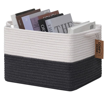 Picture of COMFY-HOMI Cotton Rope Woven Basket with Handles for Shelves,Toys,Book, Cloth Storage Baskets Bin for Organizing-13.5"x11"x9.5" Toy Decorative Organizer for Living Room, Bathroom-White/Dark Grey