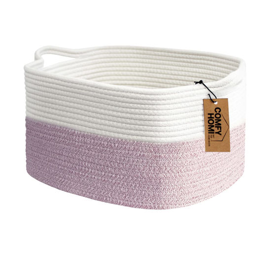 Picture of COMFY-HOMI Cotton Rope Woven Medium Basket with Handles for shelf，Cloth Storage Basket for Organizing-13.5X11X9.5 Storage Bin for Bedroom, Newborn or Infant Gift for boy girl （White/Pink）