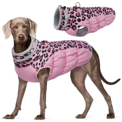 Picture of FUAMEY Dog Winter Coat,Dog Cold Weather Coats Dog Jackets with Zipper on Back with Harness Built in Dog Paded Vest Water Resistant Reflective Jacket for Small Medium Large Dogs Pink Leopard XXXL