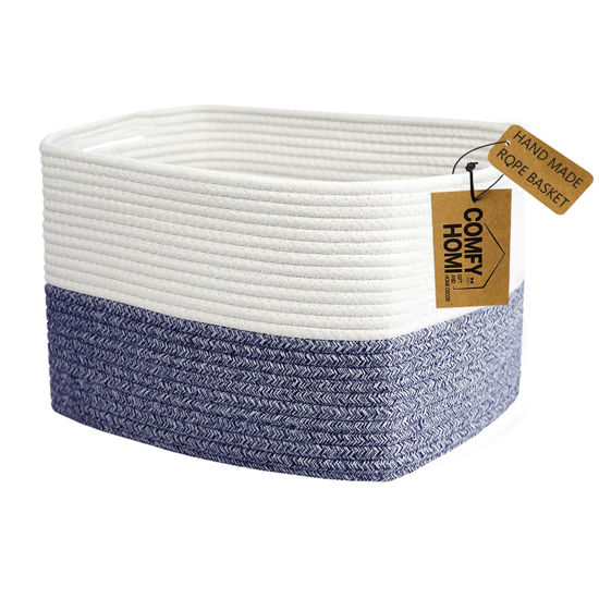 Picture of COMFY-HOMI Medium Cotton Rope Basket With Handles for Shelves|Dog Toy Basket|Baby Basket|Gift Basket Empty for Organizing|NEW Generation 13.5" x 11" x 9.5" for Living Room（Navy Blue）