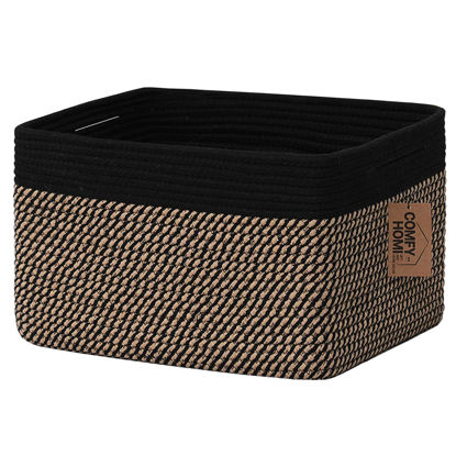 Picture of COMFY-HOMI Cotton Rope Woven Basket with Handles for Shelves,Toys,Book, Cloth Storage Baskets Bin for Organizing-13.5"x11"x9.5" Toy Decorative Organizer for Living Room, Bathroom-Black/Jute