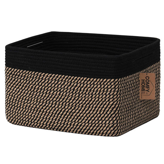 Picture of COMFY-HOMI Cotton Rope Woven Basket with Handles for Shelves,Toys,Book, Cloth Storage Baskets Bin for Organizing-13.5"x11"x9.5" Toy Decorative Organizer for Living Room, Bathroom-Black/Jute