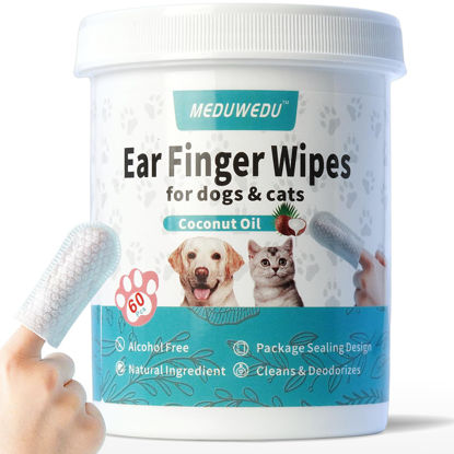 Picture of MEDUWEDU Ear Cleaner Finger Wipes 60 Counts, Dog Ear Cleaner, Grooming Kit Care for Dogs and Cats, Soft & Easy Otic Cleaning Pads, Remove Wax, Dirt & Stop Smelly, Itchy, Non-Irritating, Coconut Scent