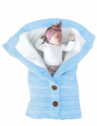 Picture of XMWEALTHY Unisex Infant Swaddle Blankets Soft Thick Fleece Knit Baby Girls Boys Stroller Wraps Receiving Blanket Light Blue