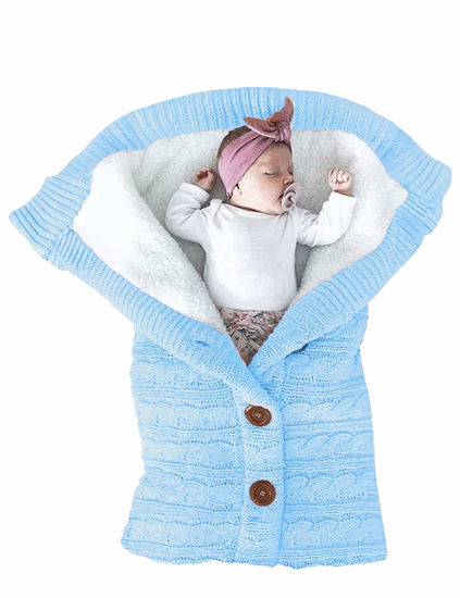 Picture of XMWEALTHY Unisex Infant Swaddle Blankets Soft Thick Fleece Knit Baby Girls Boys Stroller Wraps Receiving Blanket Light Blue