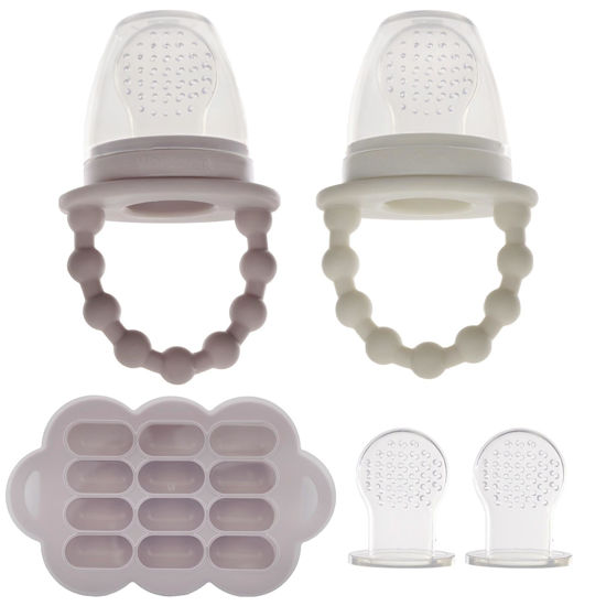 Picture of WeeSprout Silicone Baby Food Feeders + Freezer Tray for Batch Prep, Set of 2, Introduce New Foods Safely, Double as Teething Toys, Includes 2 Extra Pouches & Travel Lids, Dishwasher Safe