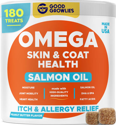 Picture of GOODGROWLIES Omega 3 Fish Oil for Dogs (180Ct) - Skin&Coat Chews - Dry & Itchy Skin Relief + Allergy Support - Shiny Coat - EPA&DHA Fatty Acids - Salmon Oil Chews Promotes Heart, Hip & Joint Support