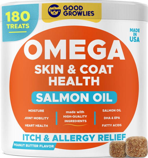 Picture of GOODGROWLIES Omega 3 Fish Oil for Dogs (180Ct) - Skin&Coat Chews - Dry & Itchy Skin Relief + Allergy Support - Shiny Coat - EPA&DHA Fatty Acids - Salmon Oil Chews Promotes Heart, Hip & Joint Support