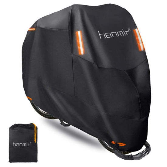 Picture of Motorcycle Cover,Motorbike Cover All Season Universal Weather Waterproof Outdoor UV Protection with 4 Reflective Strips & Storage Bag,4XL Motorcycles Vehicle Cover