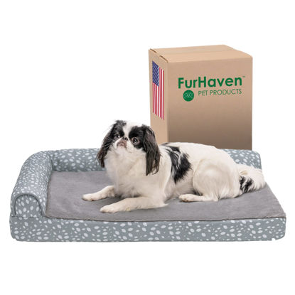 Picture of Furhaven Orthopedic Dog Bed for Medium/Small Dogs w/ Removable Bolsters & Washable Cover, For Dogs Up to 35 lbs - Plush & Almond Print L Shaped Chaise - Gray Almonds, Medium