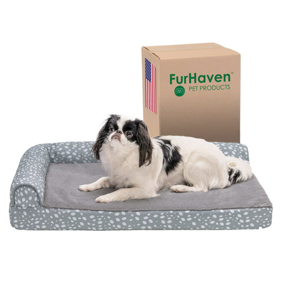 Picture of Furhaven Orthopedic Dog Bed for Medium/Small Dogs w/ Removable Bolsters & Washable Cover, For Dogs Up to 35 lbs - Plush & Almond Print L Shaped Chaise - Gray Almonds, Medium