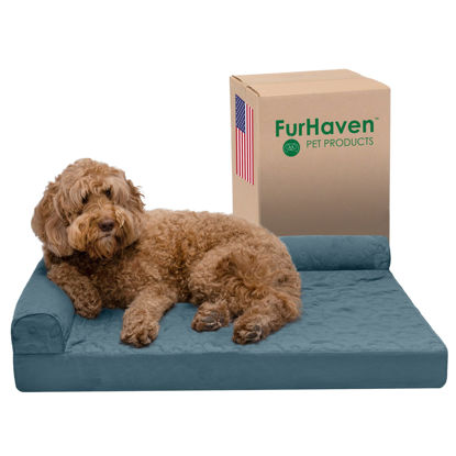 Picture of Furhaven Orthopedic Dog Bed for Large/Medium Dogs w/ Removable Bolsters & Washable Cover, For Dogs Up to 55 lbs - Pinsonic Quilted Paw L Shaped Chaise - Bluestone, Large