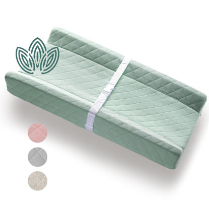 Picture of Organic Cotton Contoured Baby Changing Pad w/Waterproof Foam Mattress, Includes Soft, Removable & Washable Cover, Safety Strap, Non-Slip Bottom, Topper for Standard Size Infant Diaper Table & Dresser