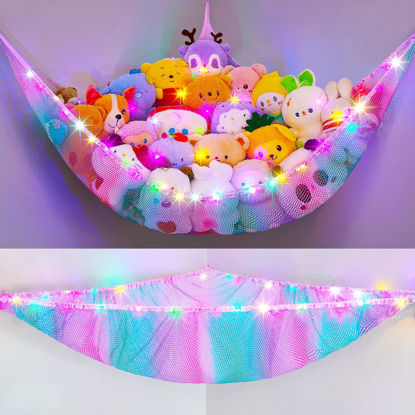 Picture of Stuffed Animals Net or Hammock Kids Toy Storage Organizer with LED Light Unicorn Castle Hanging Corner Stuffed Animals Holder Kids Girls Room Decor (Pack of 1)