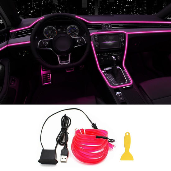Picture of EL Wire Interior Car LED Strip Lights, 16.5FT USB Neon Glowing Strobing Electroluminescent Wire Lights with 6mm Sewing Edge, Ambient Lighting Kits for Car Home Decorations (Pink)