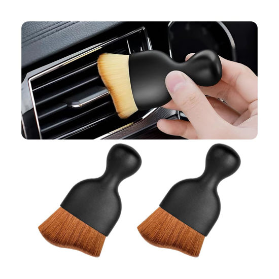 Picture of Blilo 2PCS Car Interior Detailing Brush with Dust Cover, Auto Soft Hair Cleaning Brushes, Scratch Free Curved Dirt Collectors, for Vehicle Dashboard Air Conditioner Vents Leather (Dark Brown/2PCS)