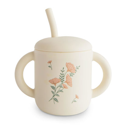 Picture of mushie 100% Silicone Training Cup & Straw for Toddlers | 6 Months+ (Pink Flowers)