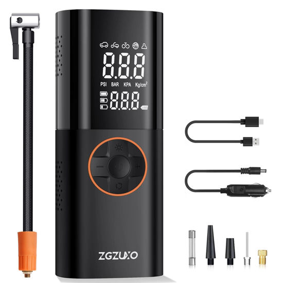 Picture of ZGZUXO Tire Inflator Portable Air Compressor for Car, 2X Fast Cordless Bike Tire Pump Battery & 12V DC Dual Power Motorcycle Air Pump 150PSI with Pressure Gauge, LED Light for Ball, Car Accessories