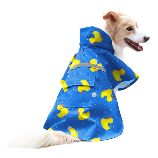 Picture of NACOCO Large Dog Raincoat Adjustable-Pet Rubber Ducks Yellow Water Proof Clothes Lightweight Rain Jacket Poncho Hoodies with Strip Reflective Blue (Blue L, Yellow Duck)