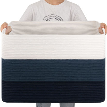 Picture of OIAHOMY 108L Super Large Blanket Basket, 25”x16”x16” Rectangle Woven Baskets for Storage, Cotton Rope Basket For Living Room, Toy Basket with Handle, Basket for Organizing - Gradient Blue