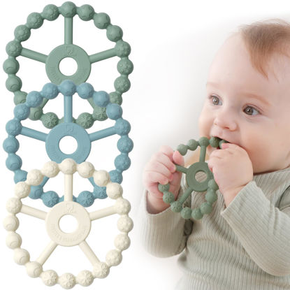 Picture of 3 Pack Ring Teether, Silicone Teething Ring Toys for Babies 0-6 Months, Seposeve Baby Teethers 6-12 Months 12-24 Months, Easy to Grasp Toy for Baby Teething Relief, Green Blue White